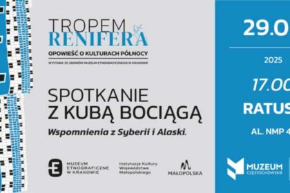 Plakat informujący, że Muzeum Częstochowskie zaprasza w najbliższy piątek, 29 sierpnia o godzinie 17., na spotkanie z Kubą Bociągą.